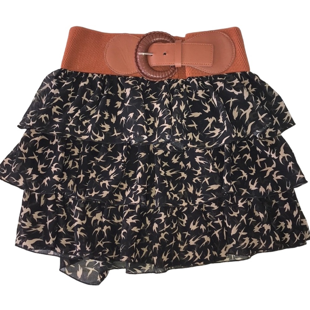 Mint Green Black with Doves Elastic Waist Mini Skirt 1052